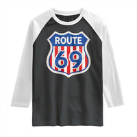 Vintage Route 69 Highway Road Trip Sign Distressed American Flag Raglan Shirt