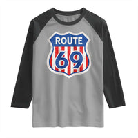 Vintage Route 69 Highway Road Trip Sign Distressed American Flag Raglan Shirt