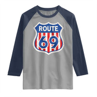 Vintage Route 69 Highway Road Trip Sign Distressed American Flag Raglan Shirt