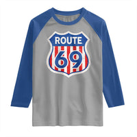 Vintage Route 69 Highway Road Trip Sign Distressed American Flag Raglan Shirt