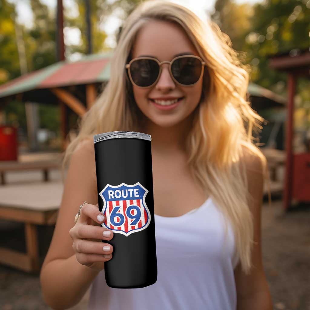 Vintage Route 69 Highway Road Trip Sign Distressed American Flag Skinny Tumbler