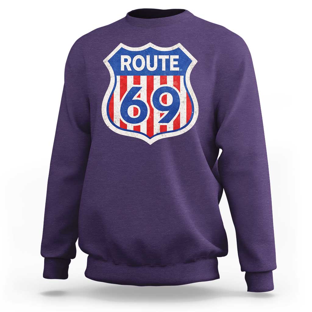 Vintage Route 69 Highway Road Trip Sign Distressed American Flag Sweatshirt