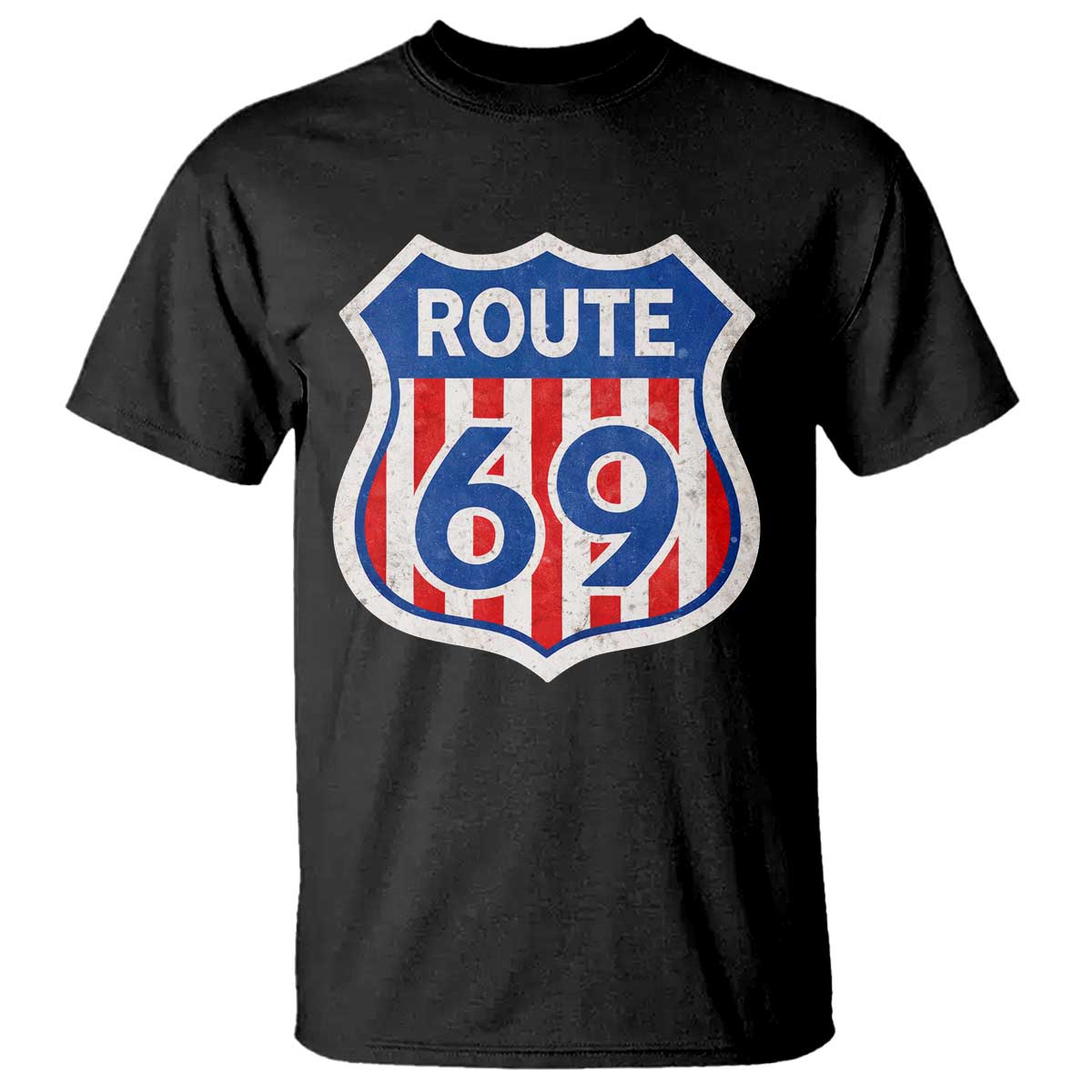 Vintage Route 69 Highway Road Trip Sign Distressed American Flag T Shirt
