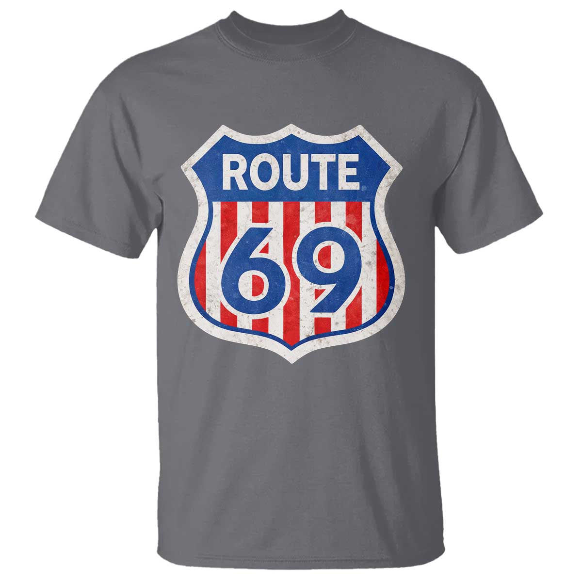 Vintage Route 69 Highway Road Trip Sign Distressed American Flag T Shirt