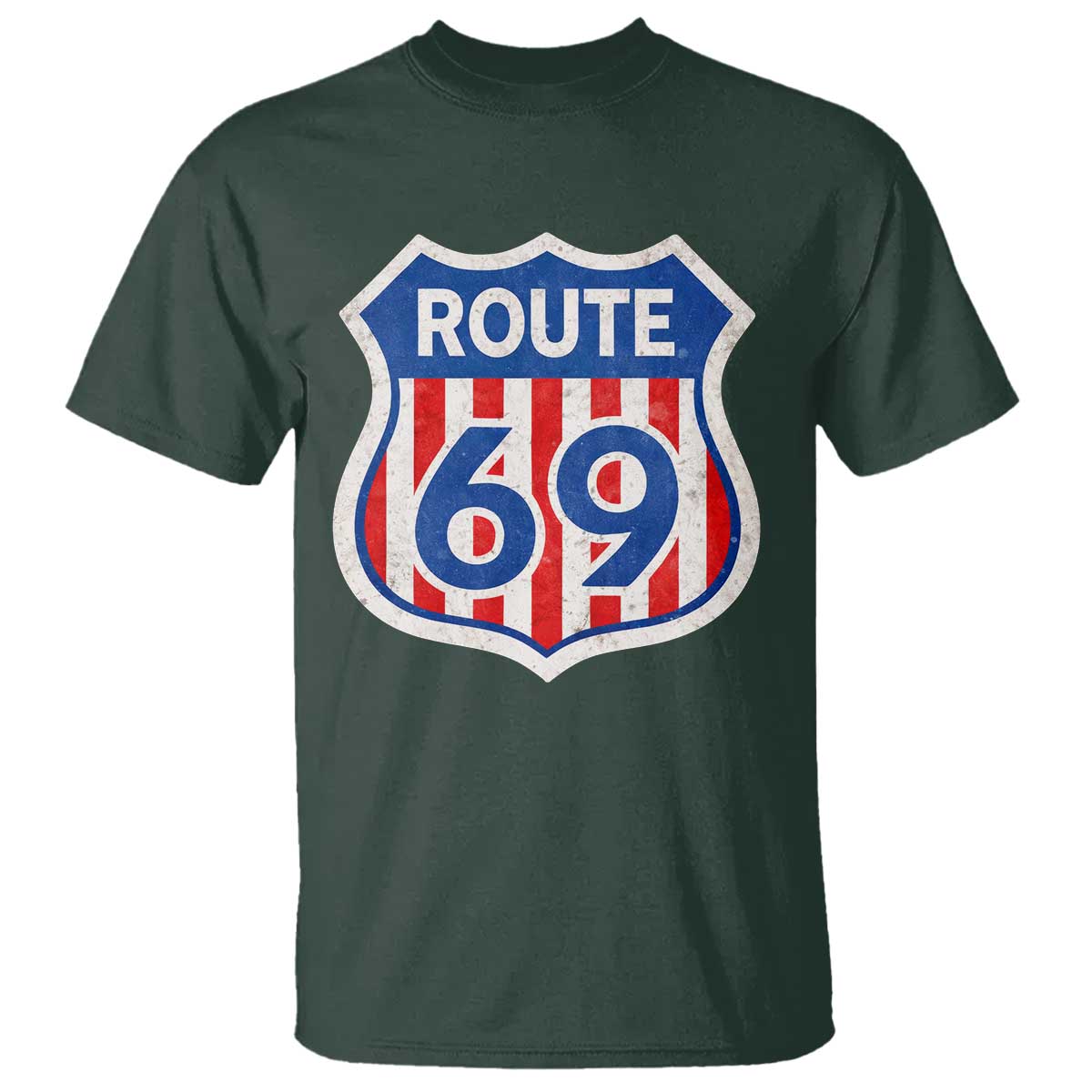 Vintage Route 69 Highway Road Trip Sign Distressed American Flag T Shirt