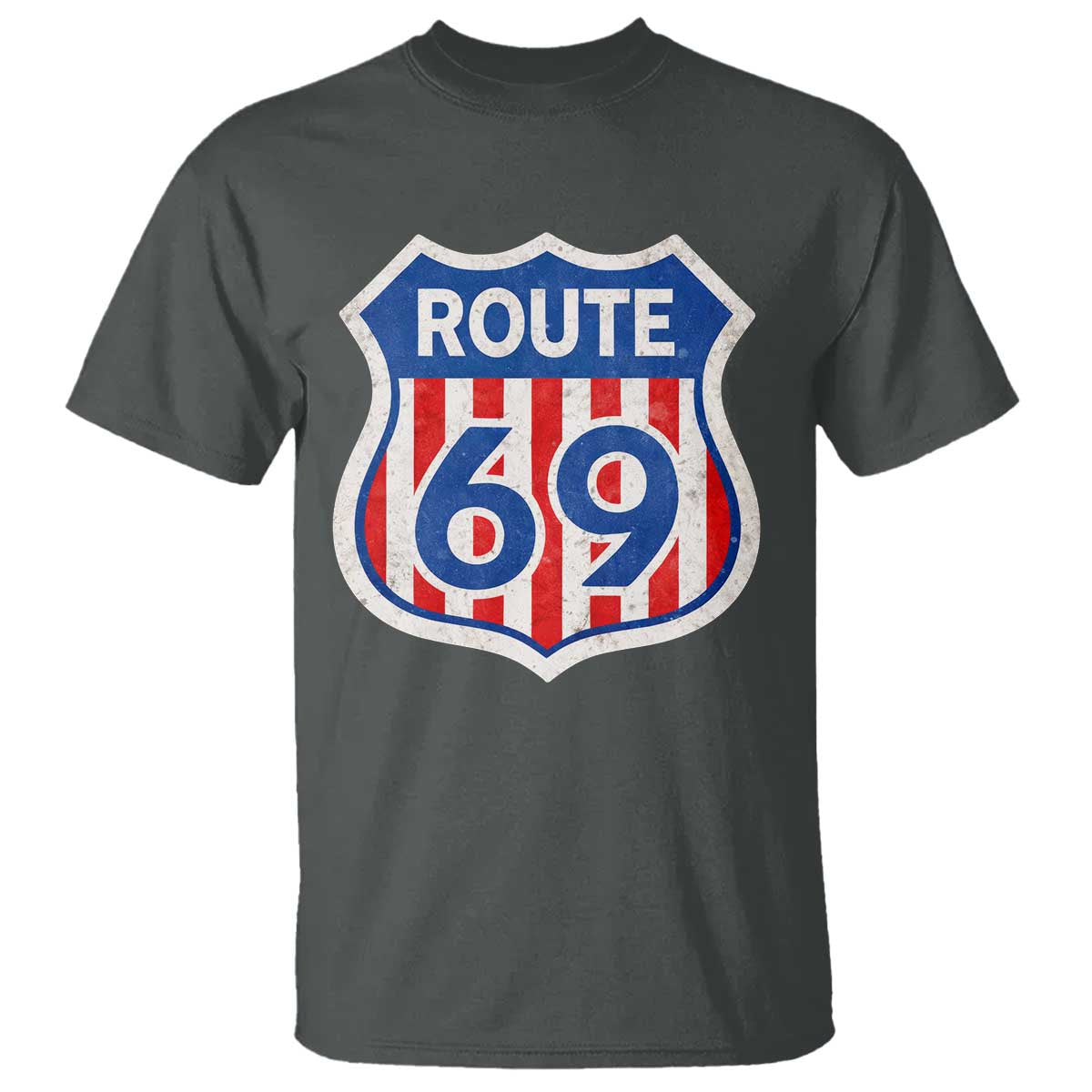 Vintage Route 69 Highway Road Trip Sign Distressed American Flag T Shirt