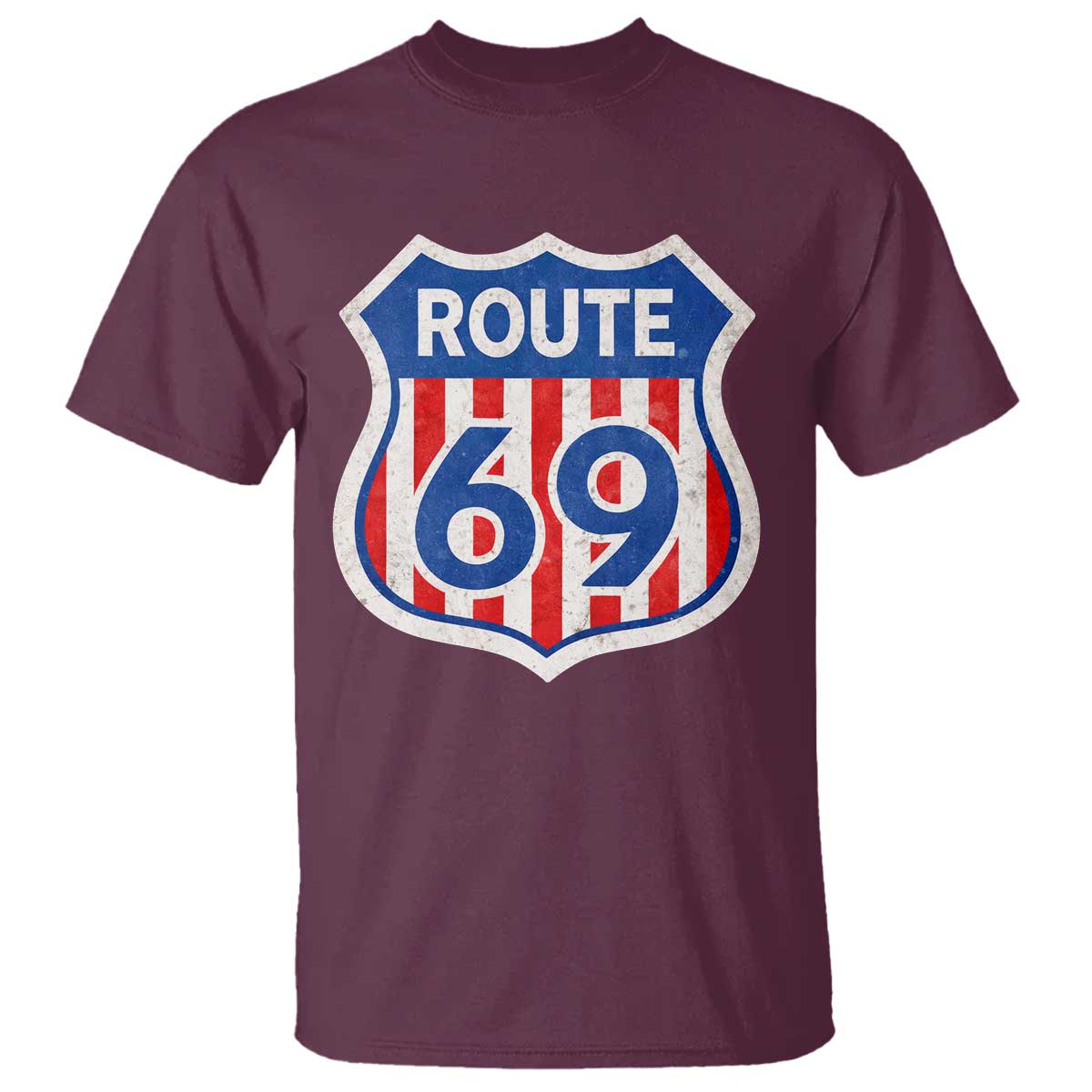 Vintage Route 69 Highway Road Trip Sign Distressed American Flag T Shirt