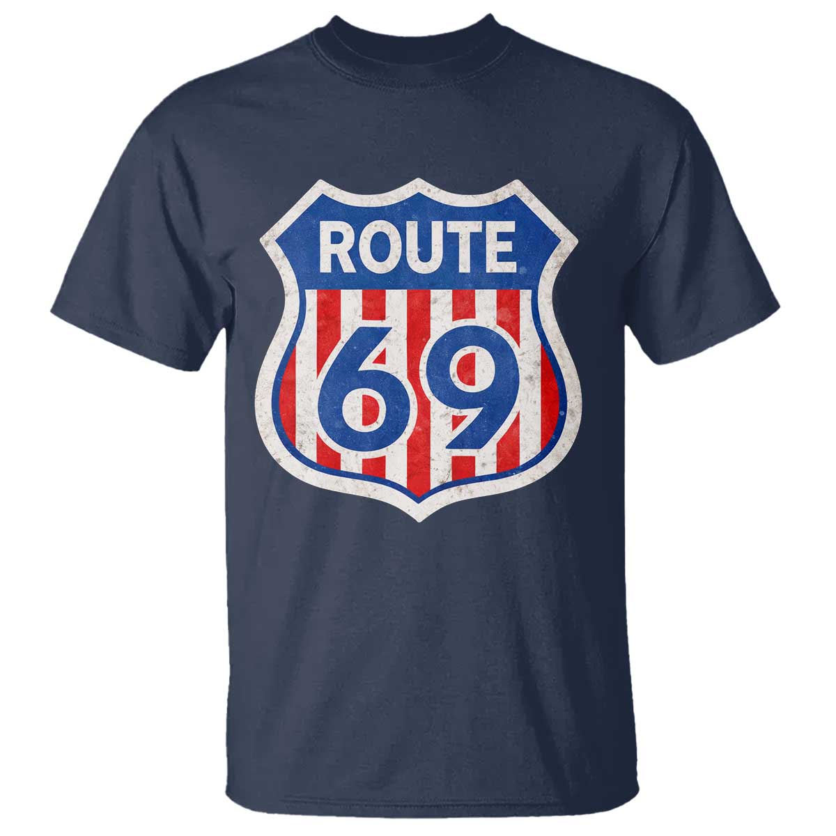 Vintage Route 69 Highway Road Trip Sign Distressed American Flag T Shirt