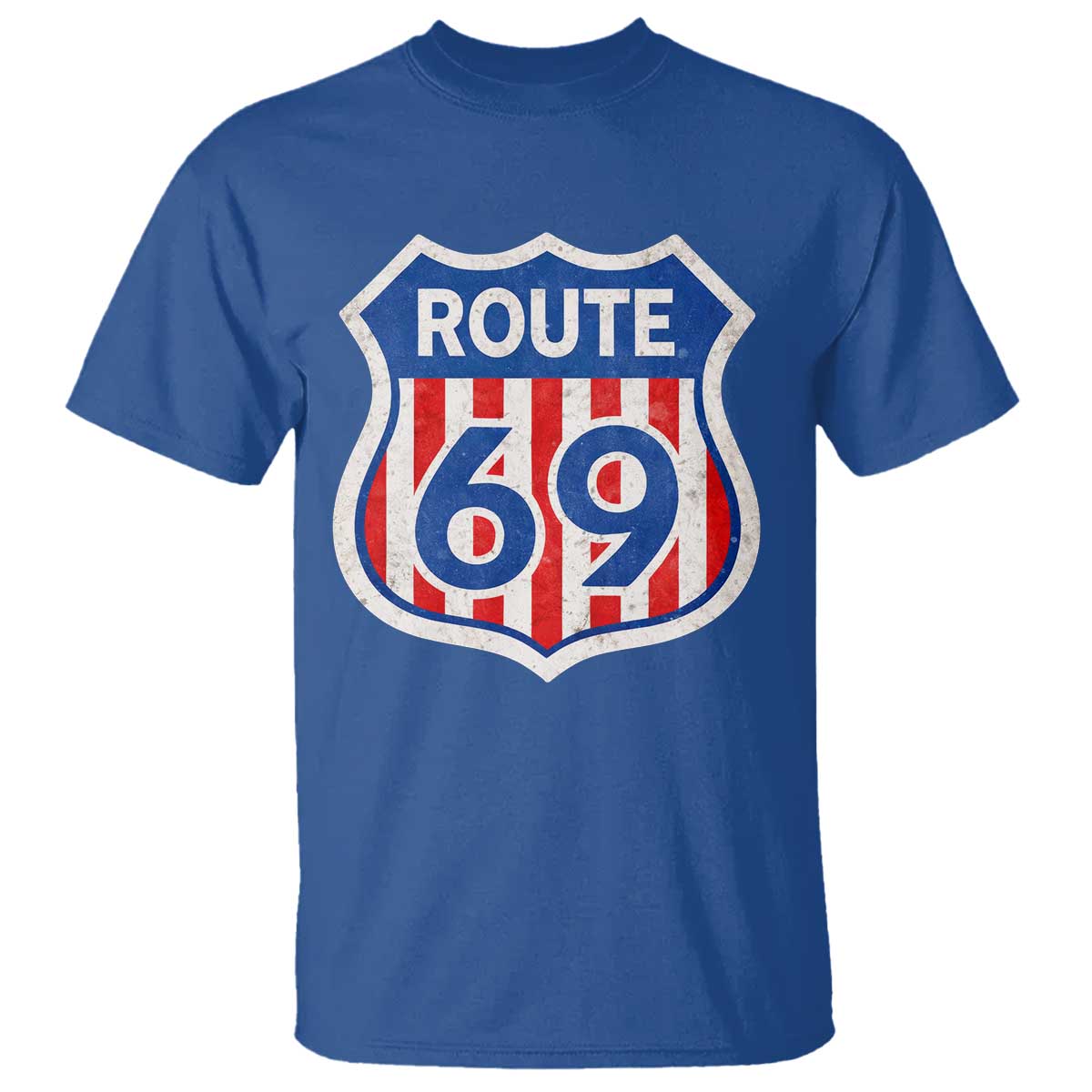 Vintage Route 69 Highway Road Trip Sign Distressed American Flag T Shirt