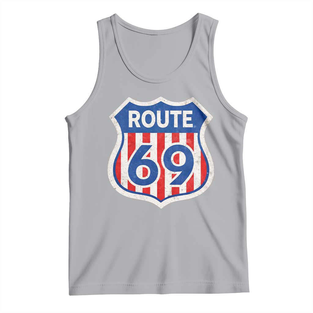 Vintage Route 69 Highway Road Trip Sign Distressed American Flag Tank Top