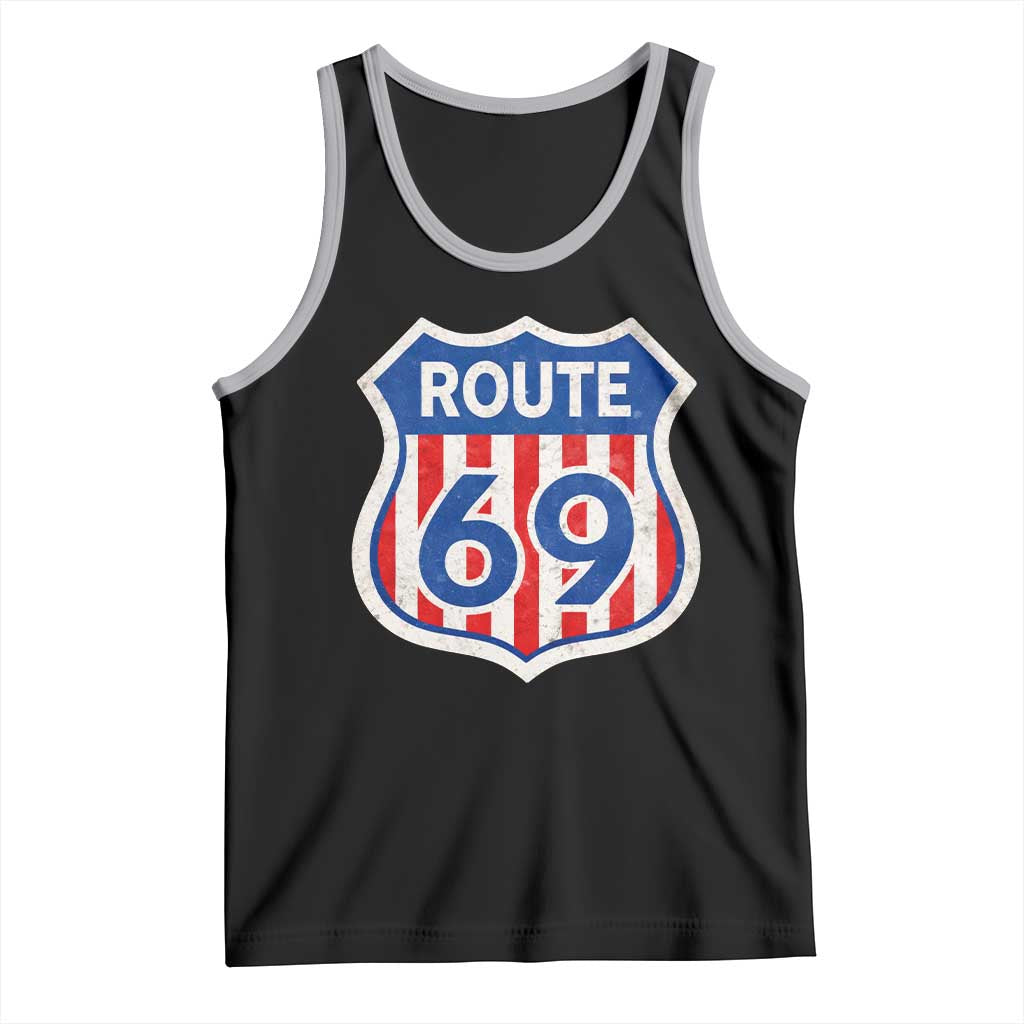 Vintage Route 69 Highway Road Trip Sign Distressed American Flag Tank Top