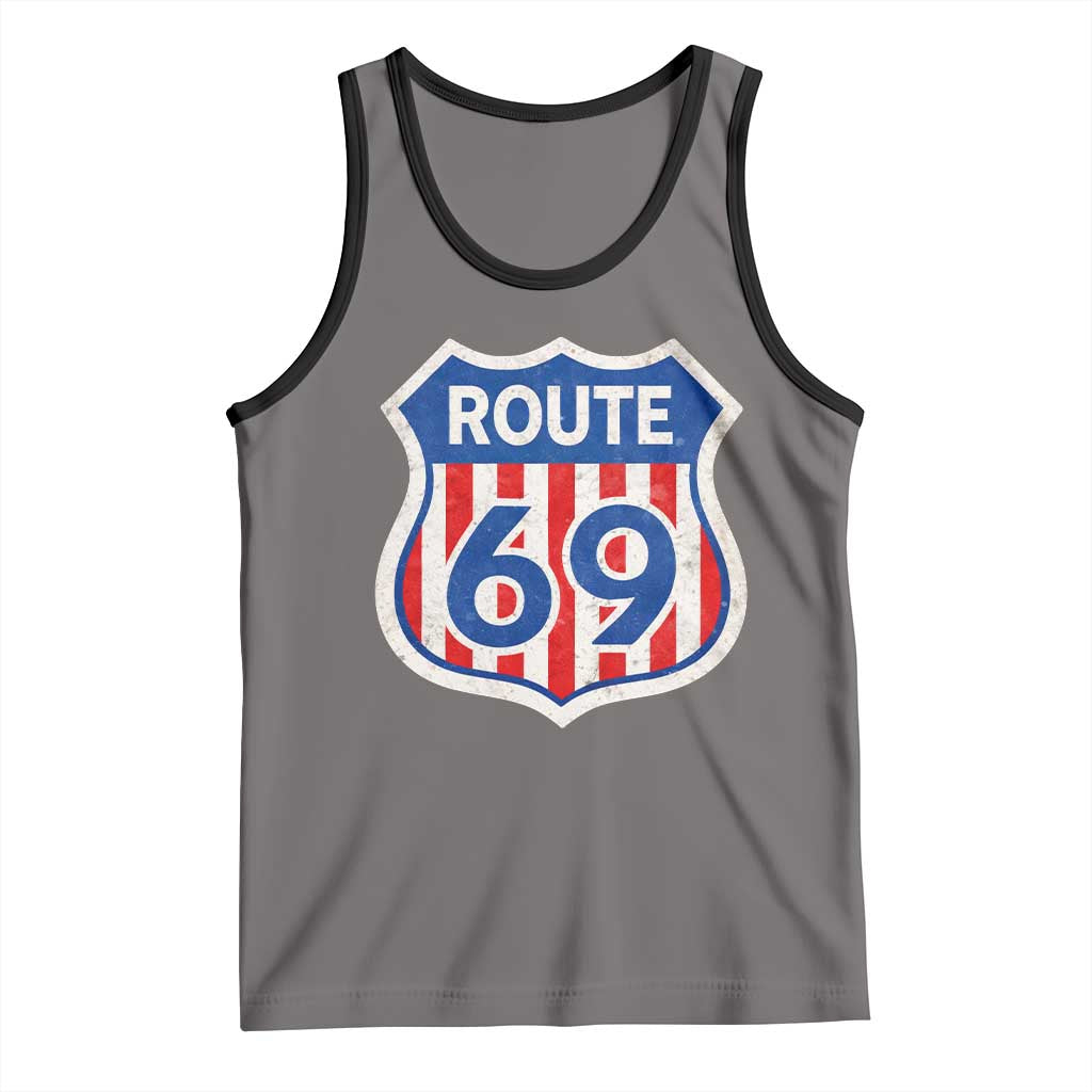 Vintage Route 69 Highway Road Trip Sign Distressed American Flag Tank Top
