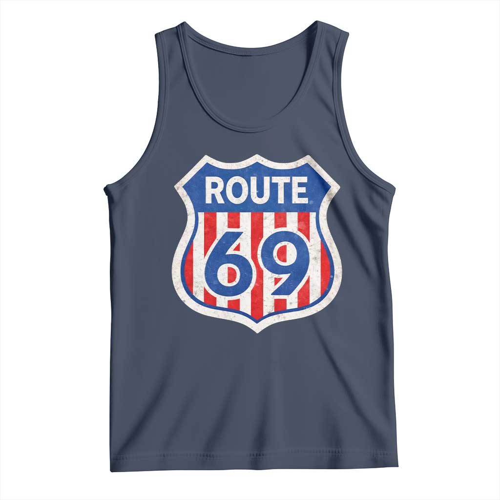 Vintage Route 69 Highway Road Trip Sign Distressed American Flag Tank Top