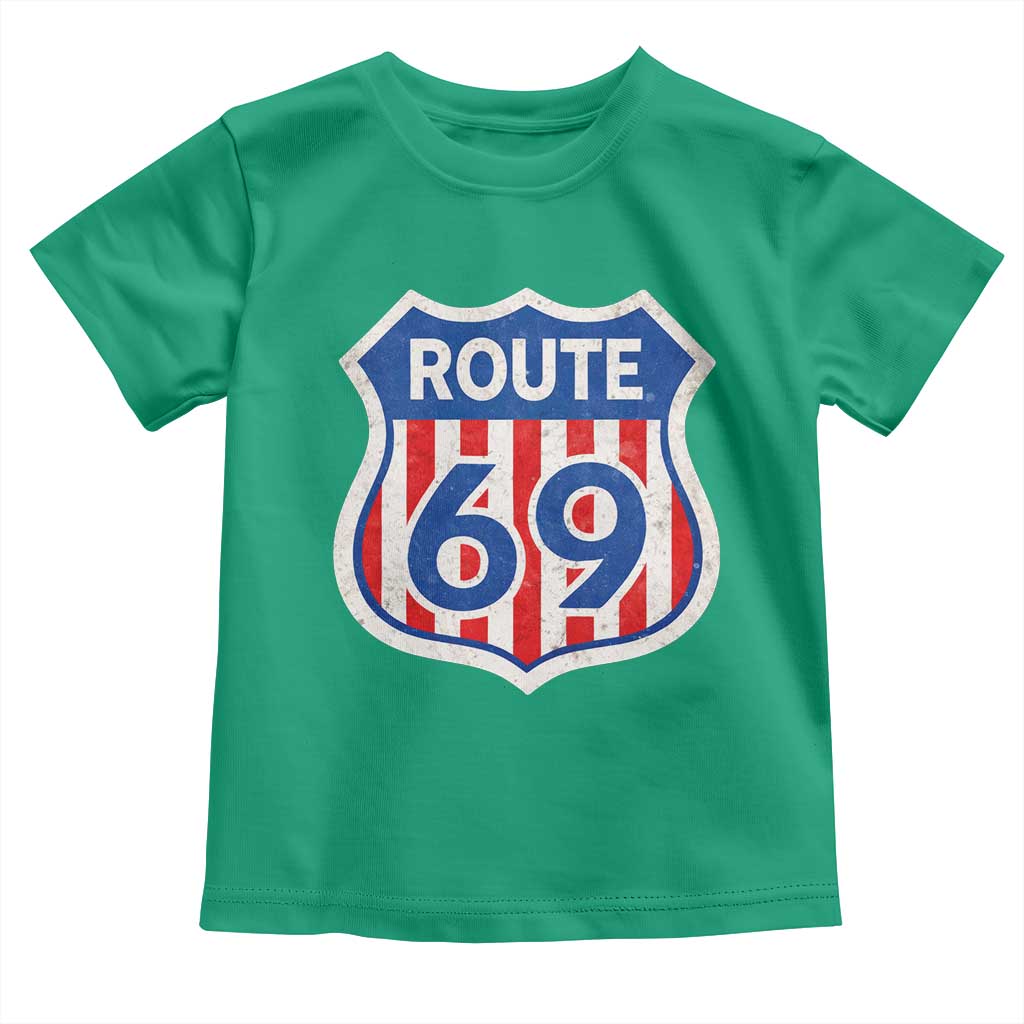 Vintage Route 69 Highway Road Trip Sign Distressed American Flag Toddler T Shirt