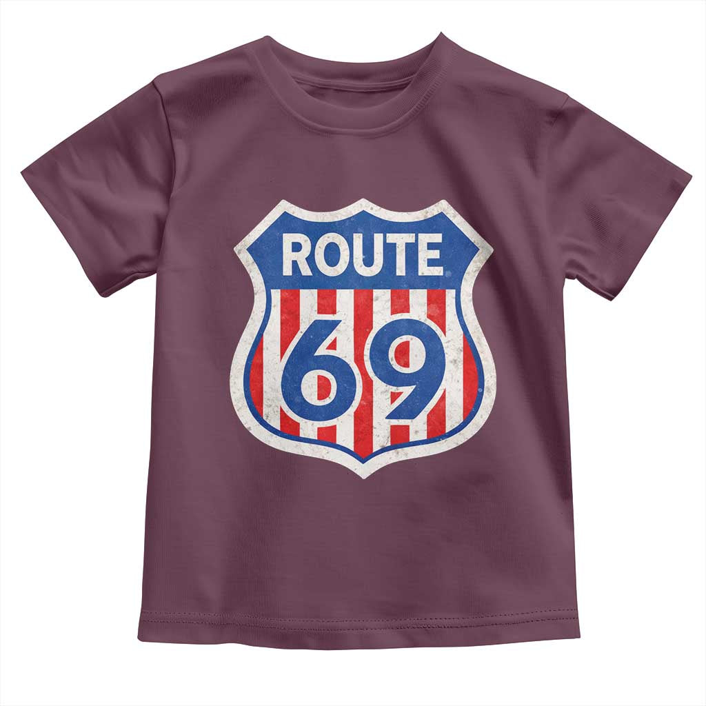 Vintage Route 69 Highway Road Trip Sign Distressed American Flag Toddler T Shirt