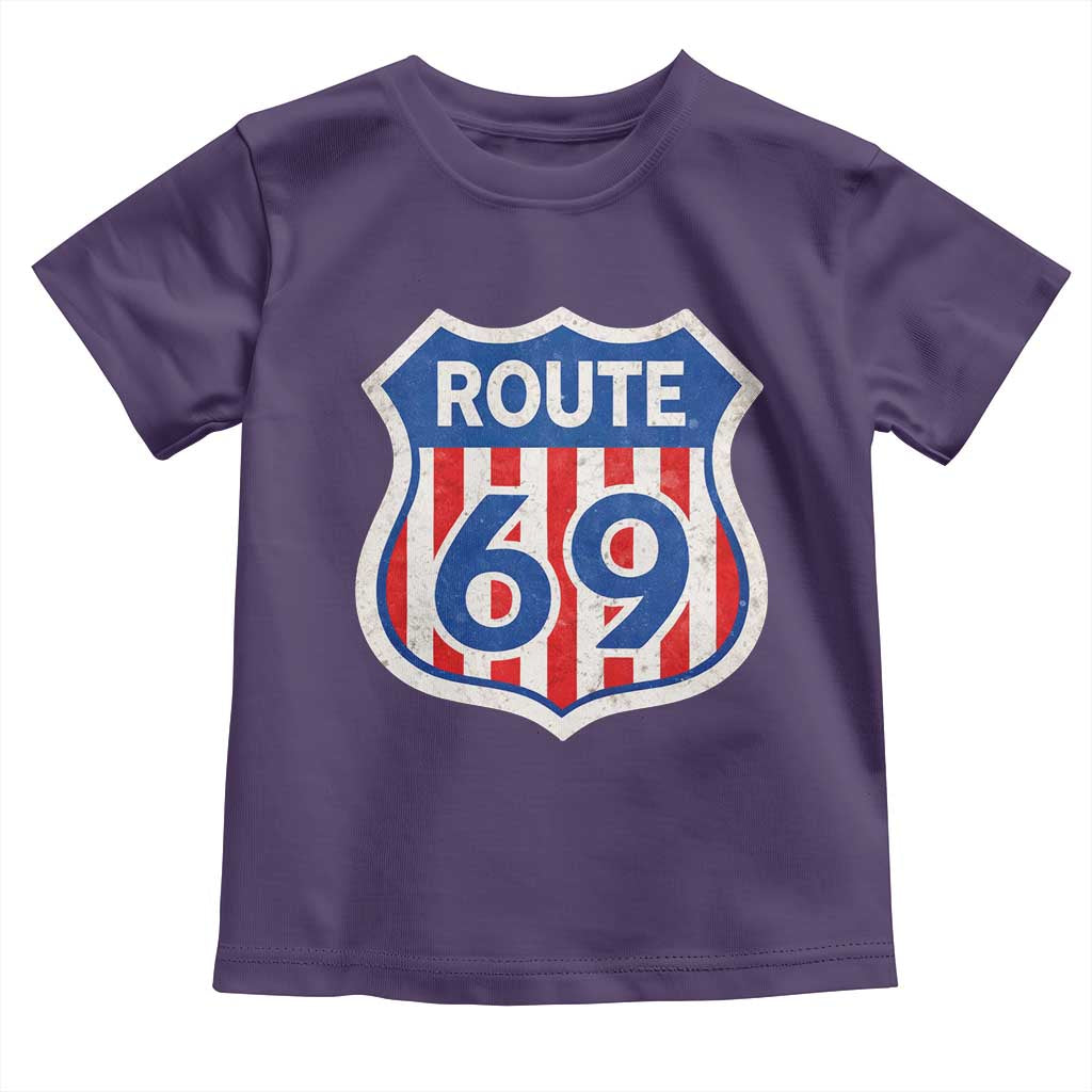 Vintage Route 69 Highway Road Trip Sign Distressed American Flag Toddler T Shirt