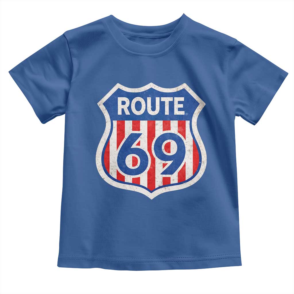 Vintage Route 69 Highway Road Trip Sign Distressed American Flag Toddler T Shirt