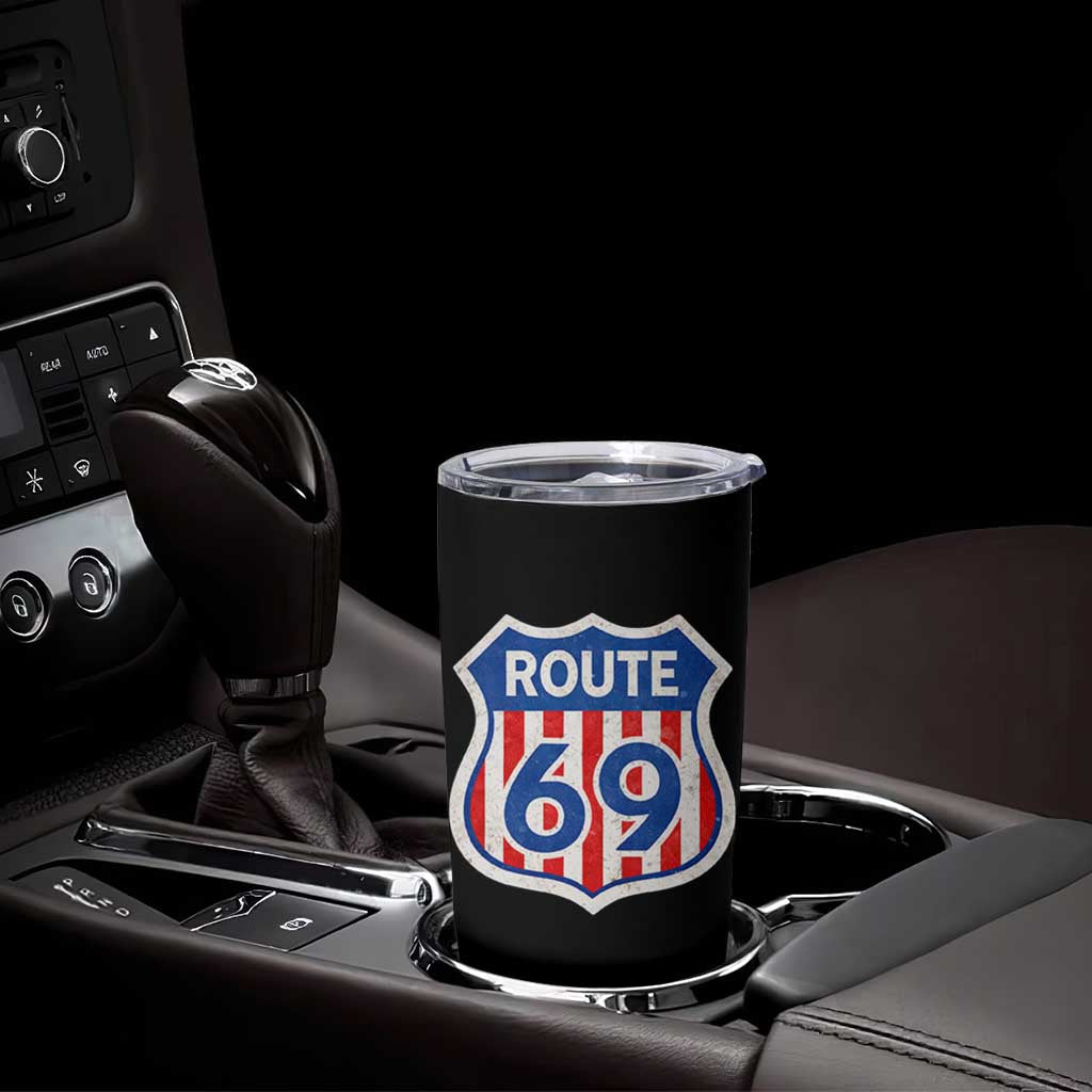 Vintage Route 69 Highway Road Trip Sign Distressed American Flag Tumbler Cup