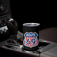 Vintage Route 69 Highway Road Trip Sign Distressed American Flag Tumbler Cup