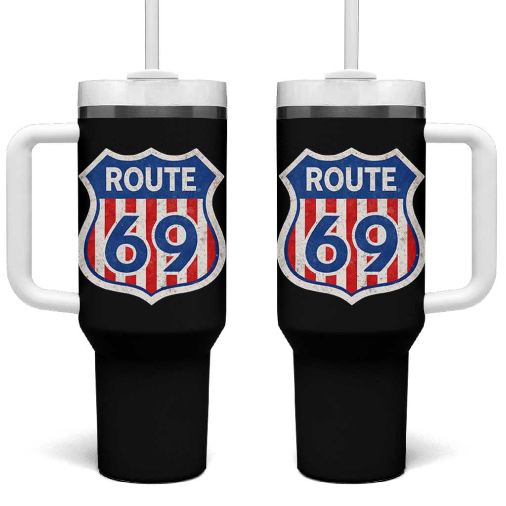 Vintage Route 69 Highway Road Trip Sign Distressed American Flag Tumbler With Handle