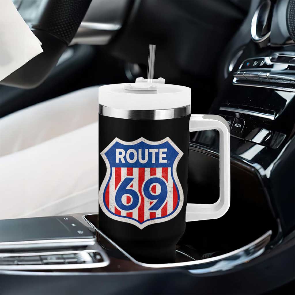 Vintage Route 69 Highway Road Trip Sign Distressed American Flag Tumbler With Handle