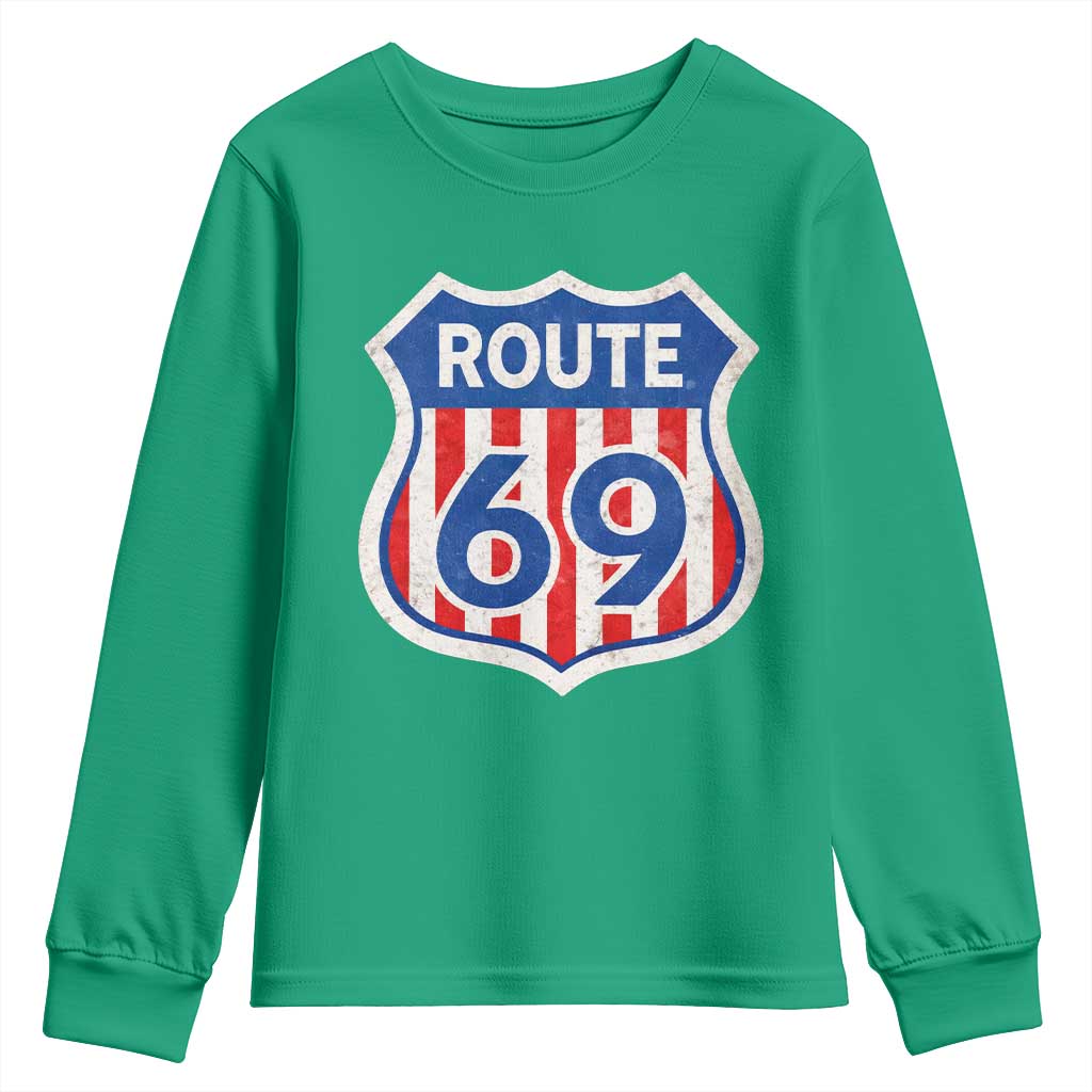 Vintage Route 69 Highway Road Trip Sign Distressed American Flag Youth Sweatshirt