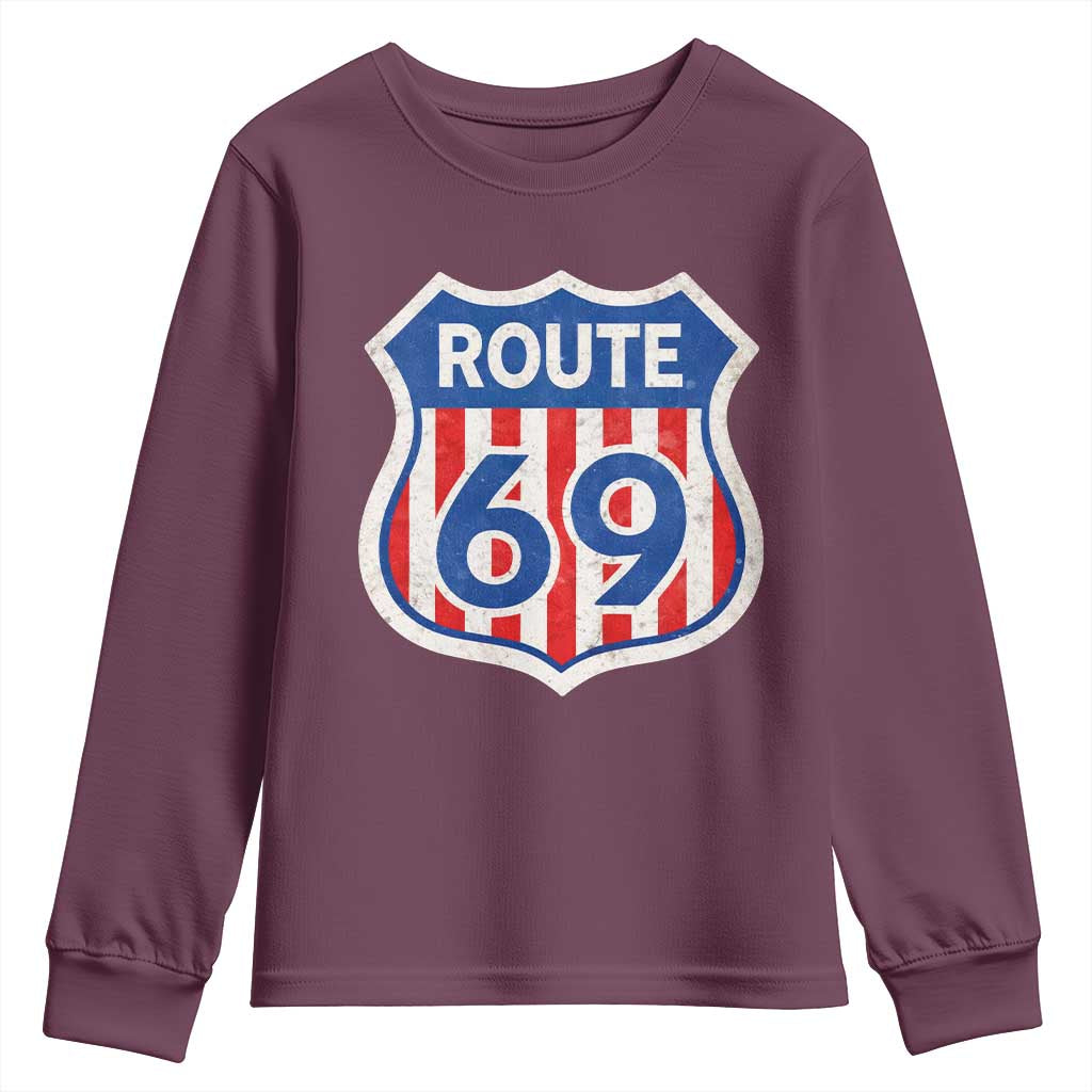 Vintage Route 69 Highway Road Trip Sign Distressed American Flag Youth Sweatshirt