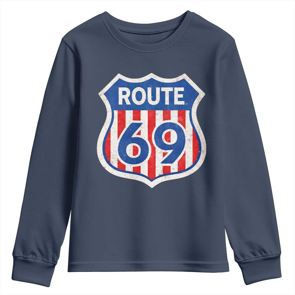 Vintage Route 69 Highway Road Trip Sign Distressed American Flag Youth Sweatshirt