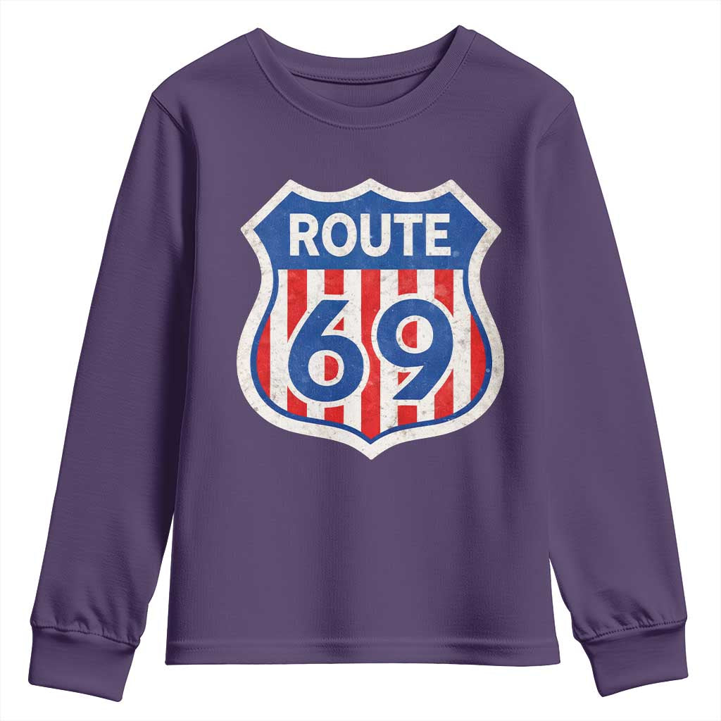 Vintage Route 69 Highway Road Trip Sign Distressed American Flag Youth Sweatshirt