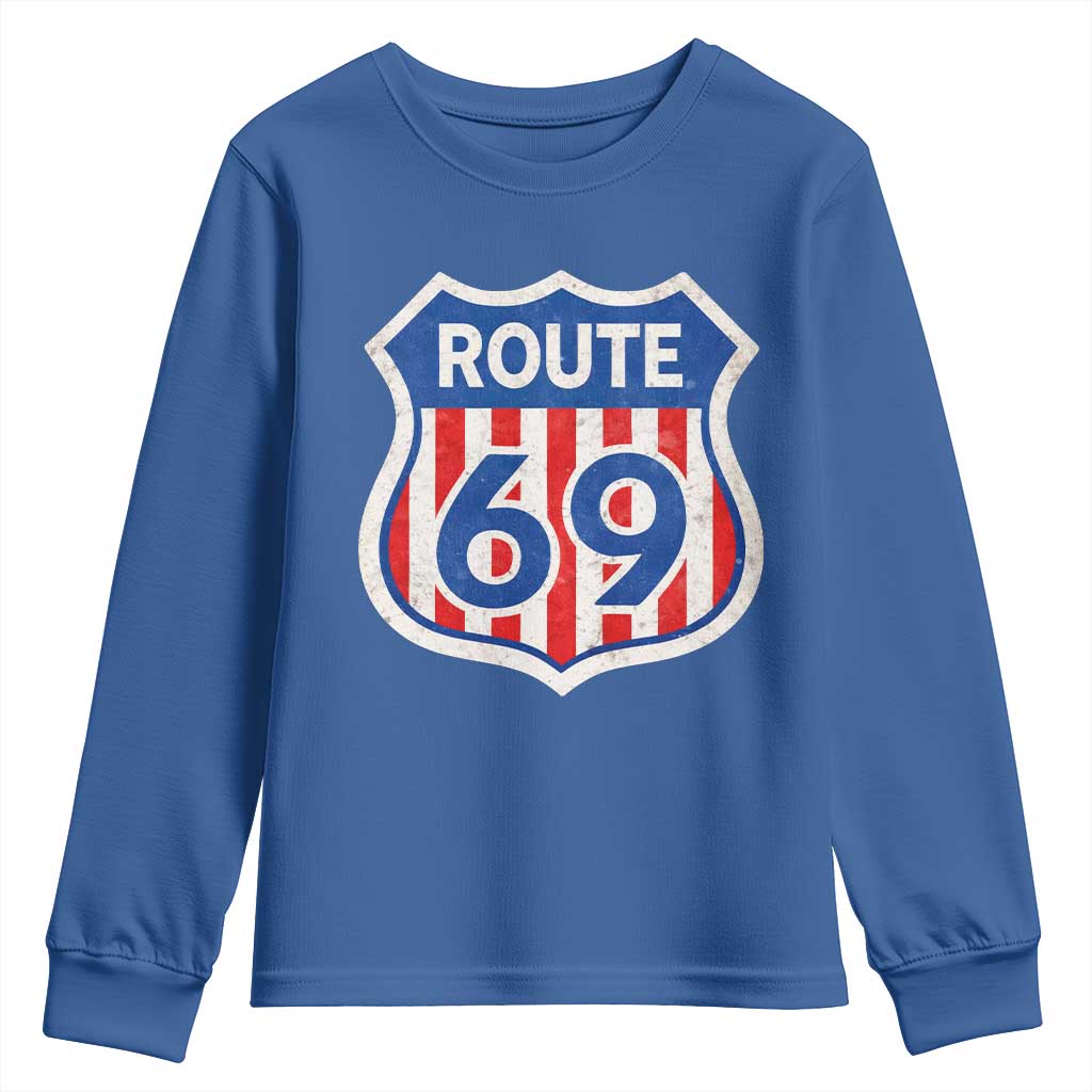 Vintage Route 69 Highway Road Trip Sign Distressed American Flag Youth Sweatshirt