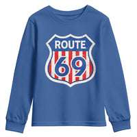 Vintage Route 69 Highway Road Trip Sign Distressed American Flag Youth Sweatshirt