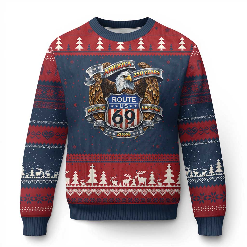 250 Years Of America 100 Years Of Route 69 Ugly Christmas Sweater Bald Eagle Vintage American Flag