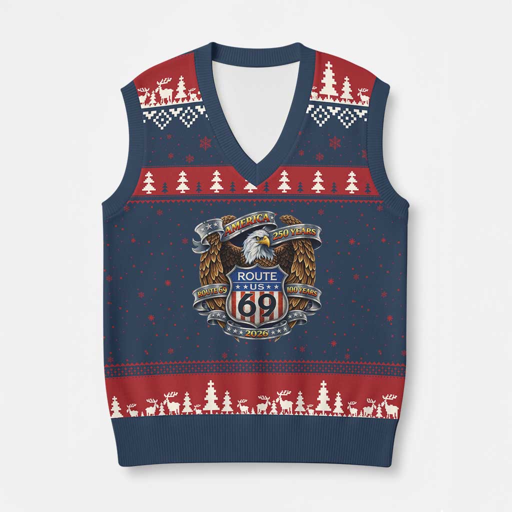 250 Years Of America 100 Years Of Route 69 V-Neck Knit Sweater Vest Bald Eagle Vintage American Flag