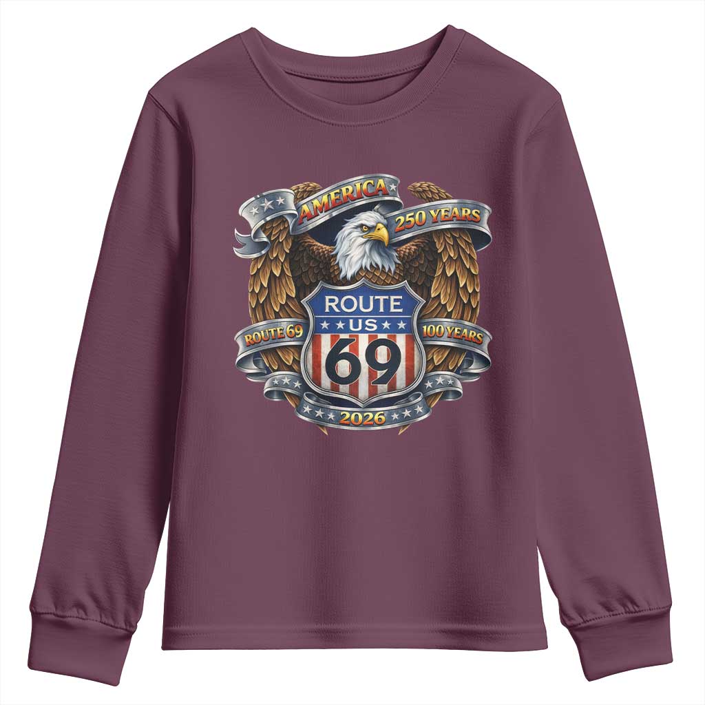 250 Years Of America 100 Years Of Route 69 Youth Sweatshirt Bald Eagle Vintage American Flag