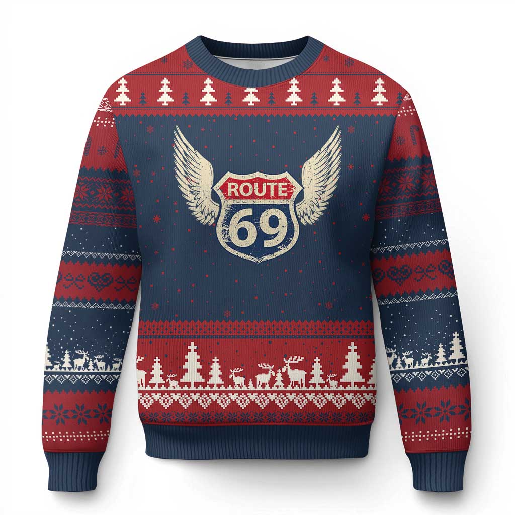 Vintage Route 69 Highway Road Trip Sign Ugly Christmas Sweater