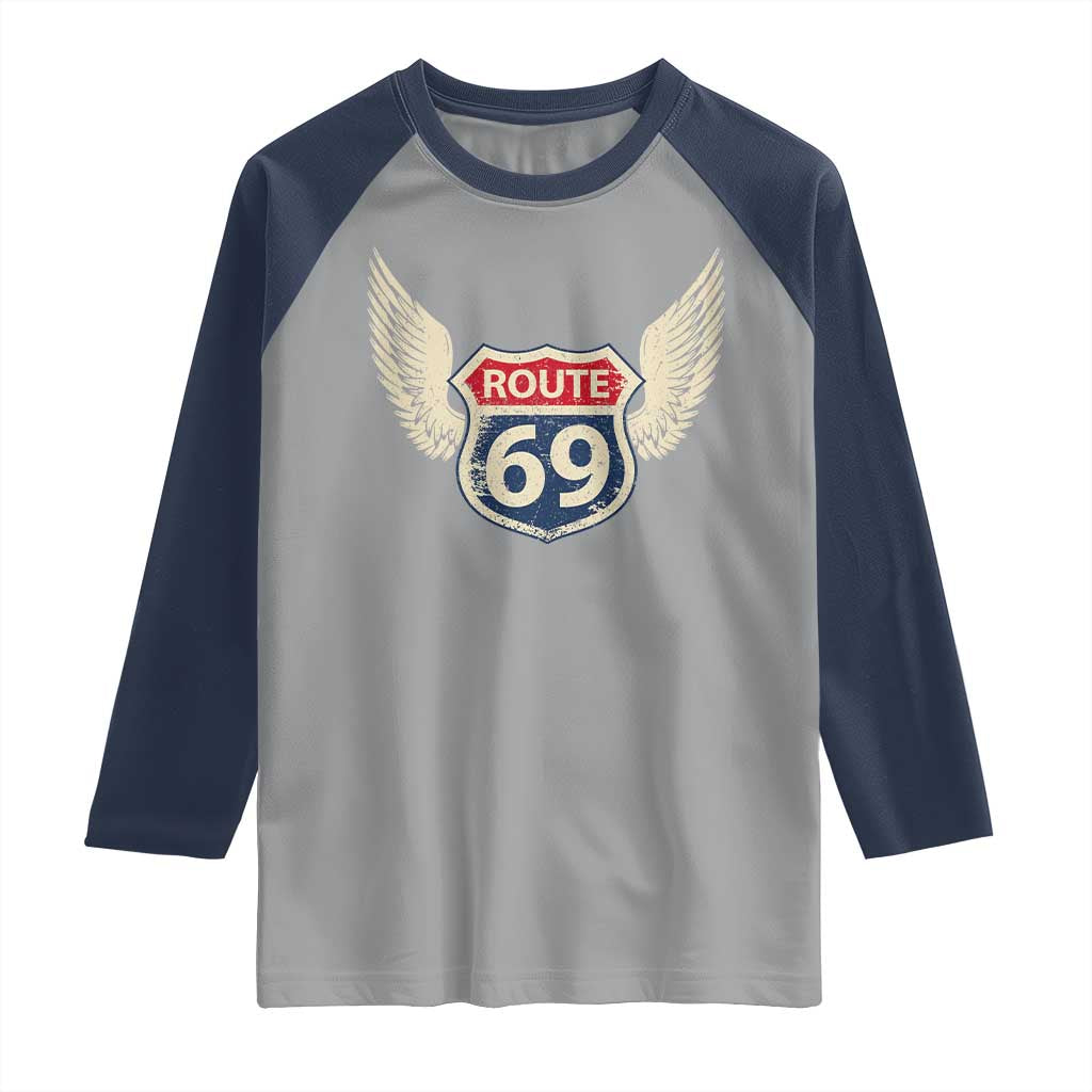 Vintage Route 69 Highway Road Trip Sign Raglan Shirt