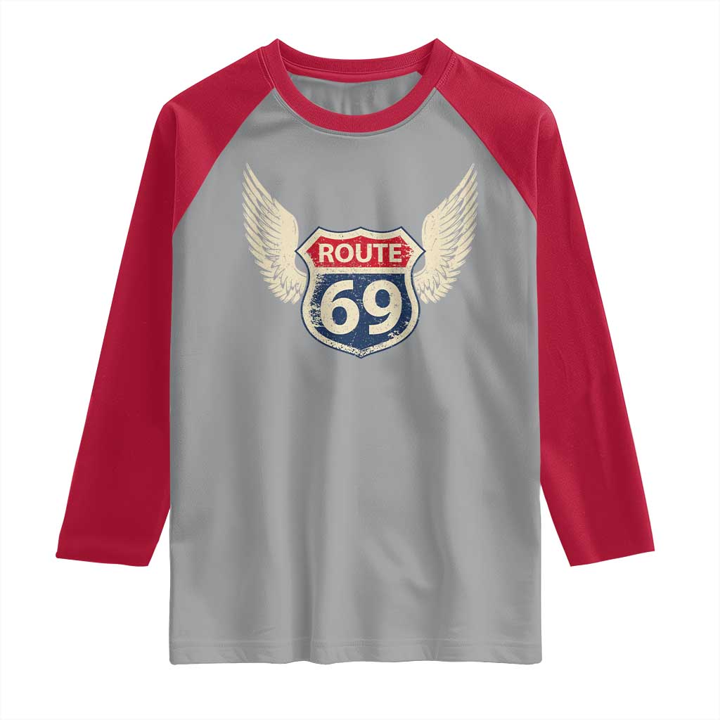 Vintage Route 69 Highway Road Trip Sign Raglan Shirt