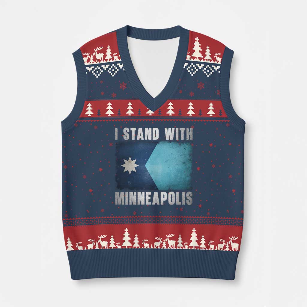I Stand With Minneapolis V-Neck Knit Sweater Vest Social Justice and Immigration Protest MN Flag
