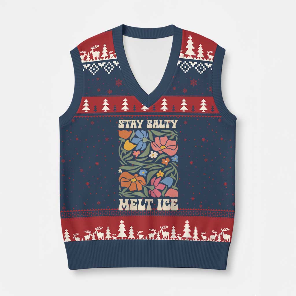Stay Salty Melt Ice V-Neck Knit Sweater Vest Political Satire Pro Immigrant Protest Retro Floral
