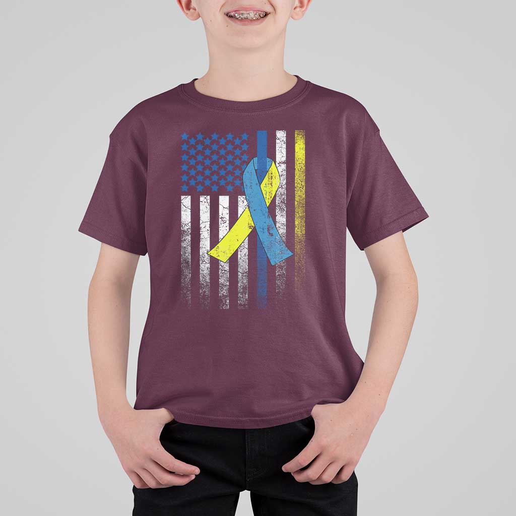 Down Syndrome Awareness Vintage American Flag T Shirt For Kid