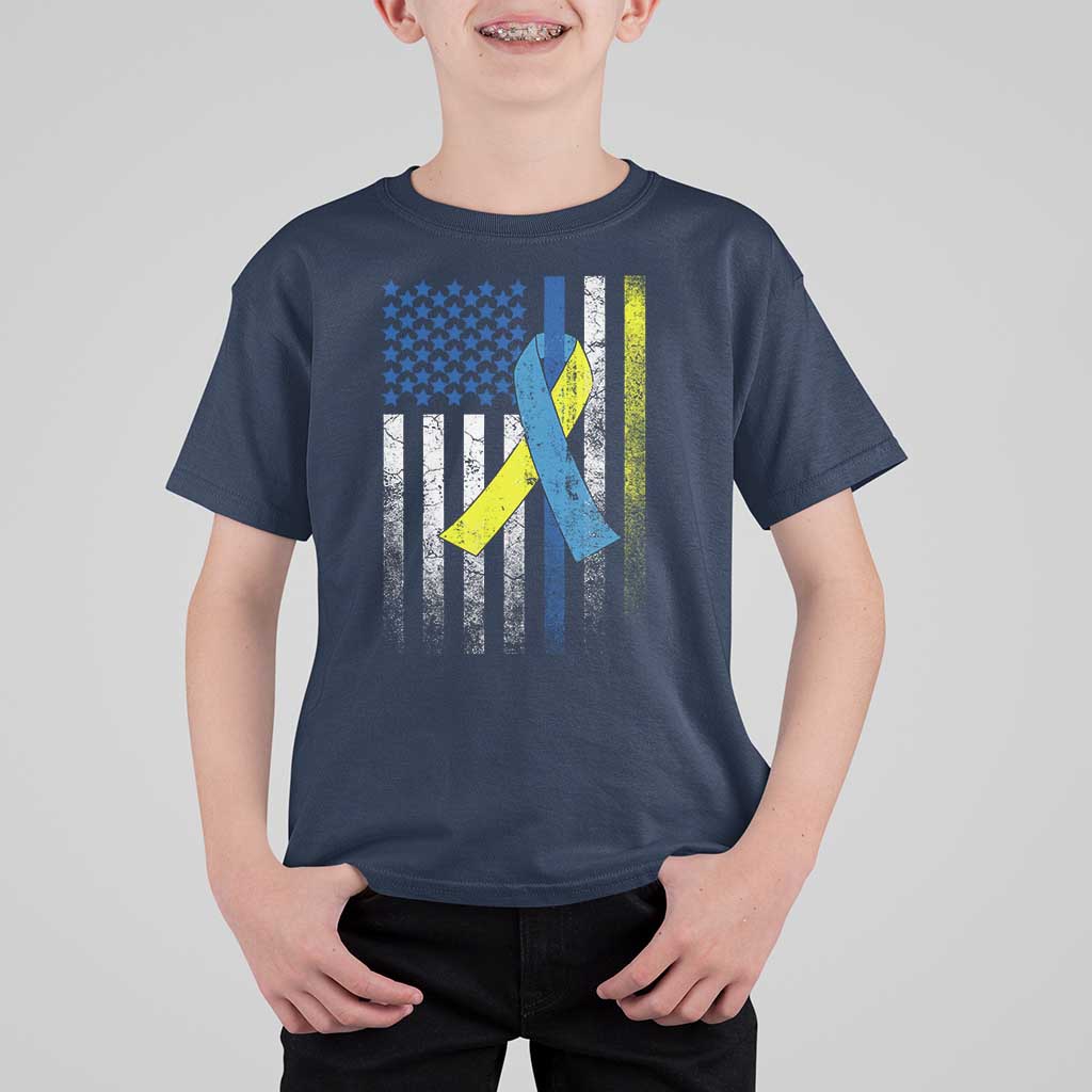 Down Syndrome Awareness Vintage American Flag T Shirt For Kid