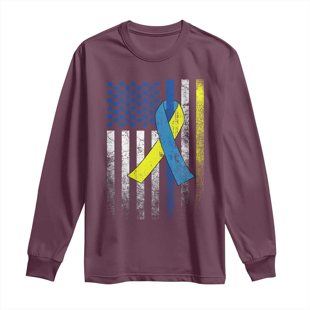 Down Syndrome Awareness Vintage American Flag Long Sleeve Shirt