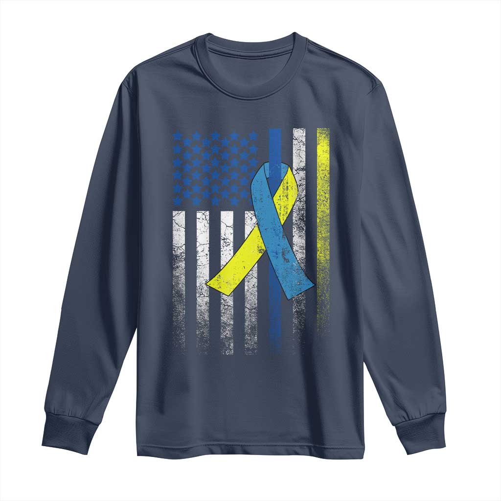 Down Syndrome Awareness Vintage American Flag Long Sleeve Shirt