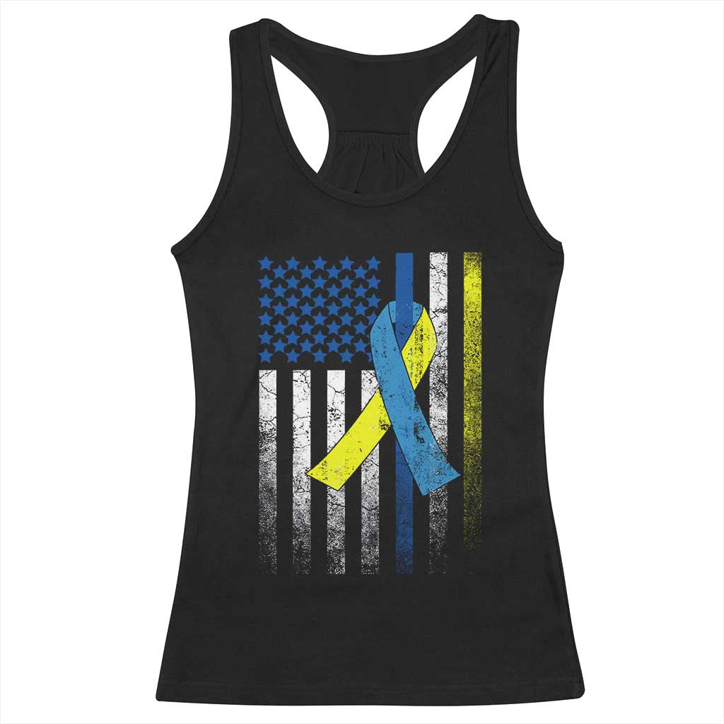 Down Syndrome Awareness Vintage American Flag Racerback Tank Top