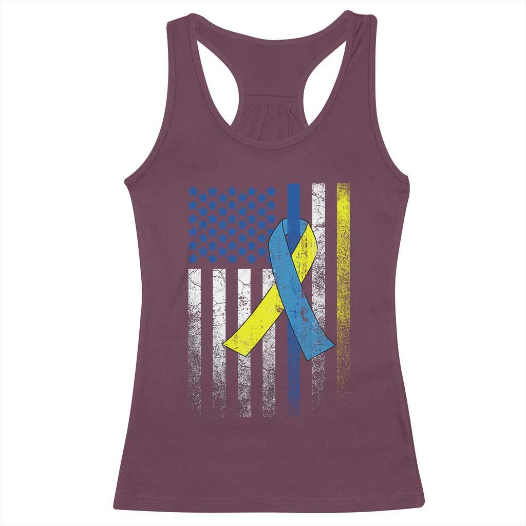 Down Syndrome Awareness Vintage American Flag Racerback Tank Top
