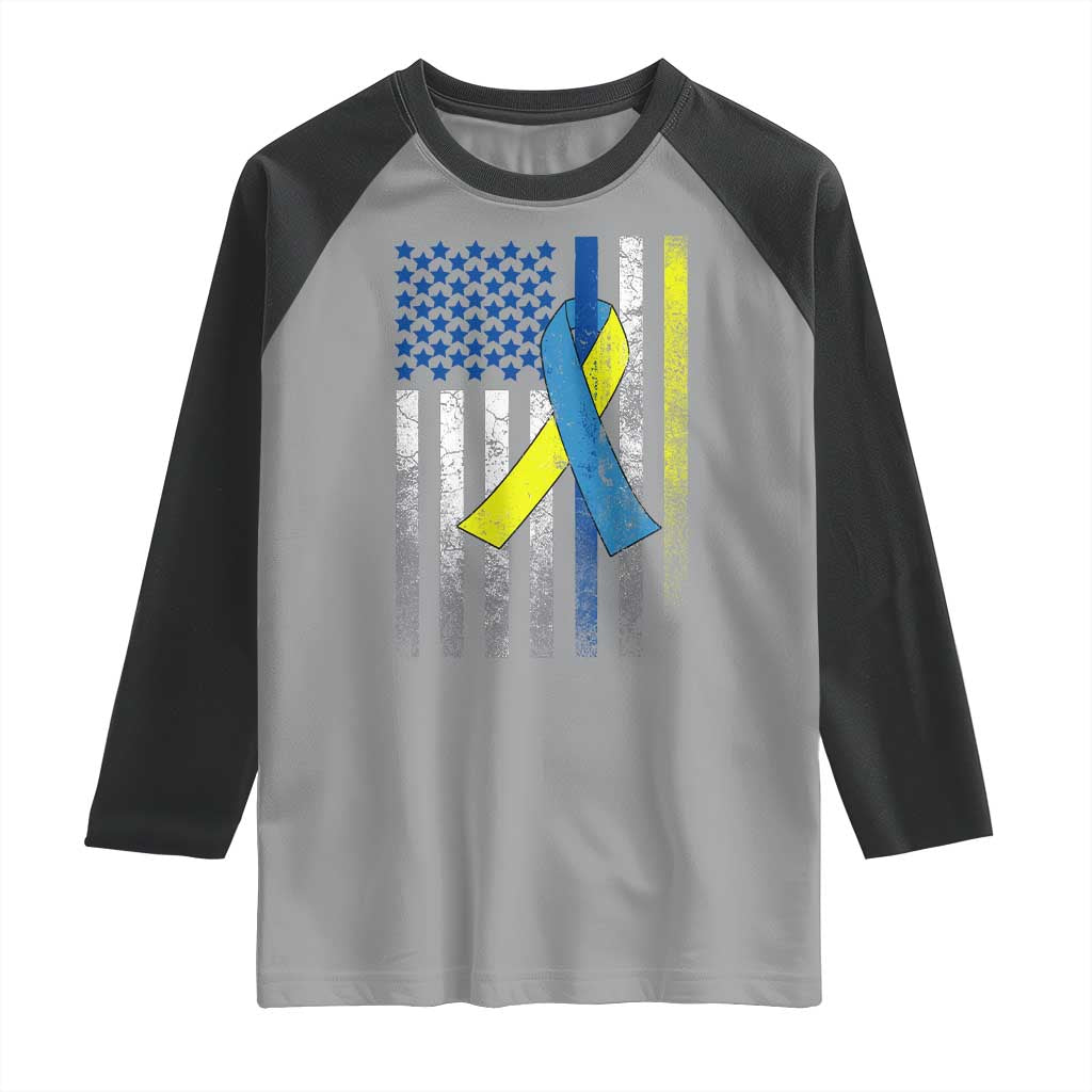 Down Syndrome Awareness Vintage American Flag Raglan Shirt