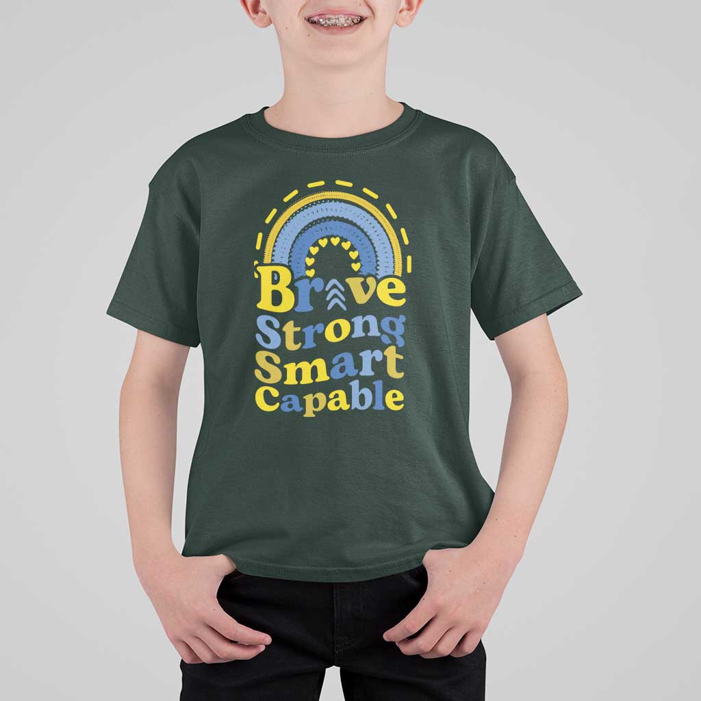 Down Syndrome Awareness T Shirt For Kid Brave Strong Smart Capable Rainbow