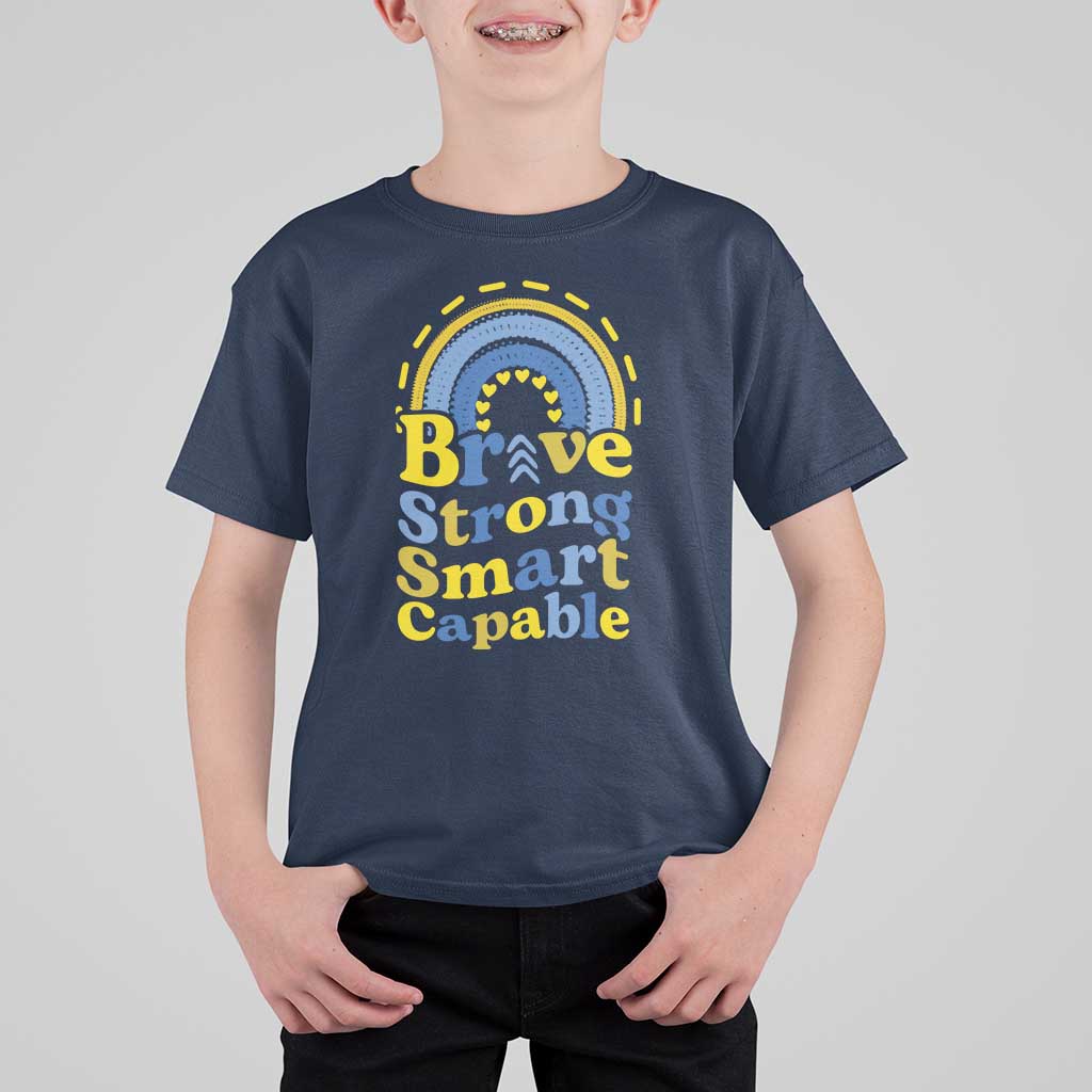 Down Syndrome Awareness T Shirt For Kid Brave Strong Smart Capable Rainbow
