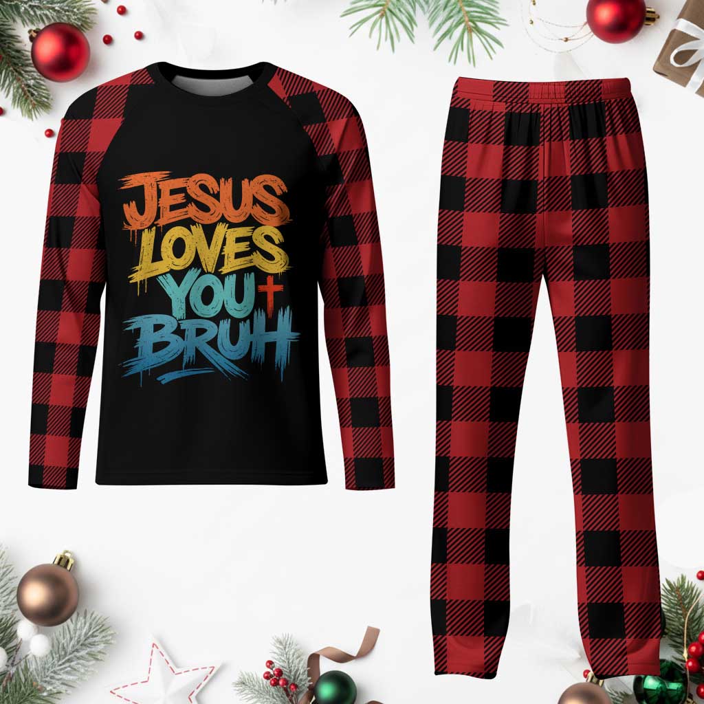 Jesus Loves You Bruh Plaid Pajama Set Funny Christian Believer Faith God Retro Religious