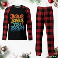 Jesus Loves You Bruh Plaid Pajama Set Funny Christian Believer Faith God Retro Religious